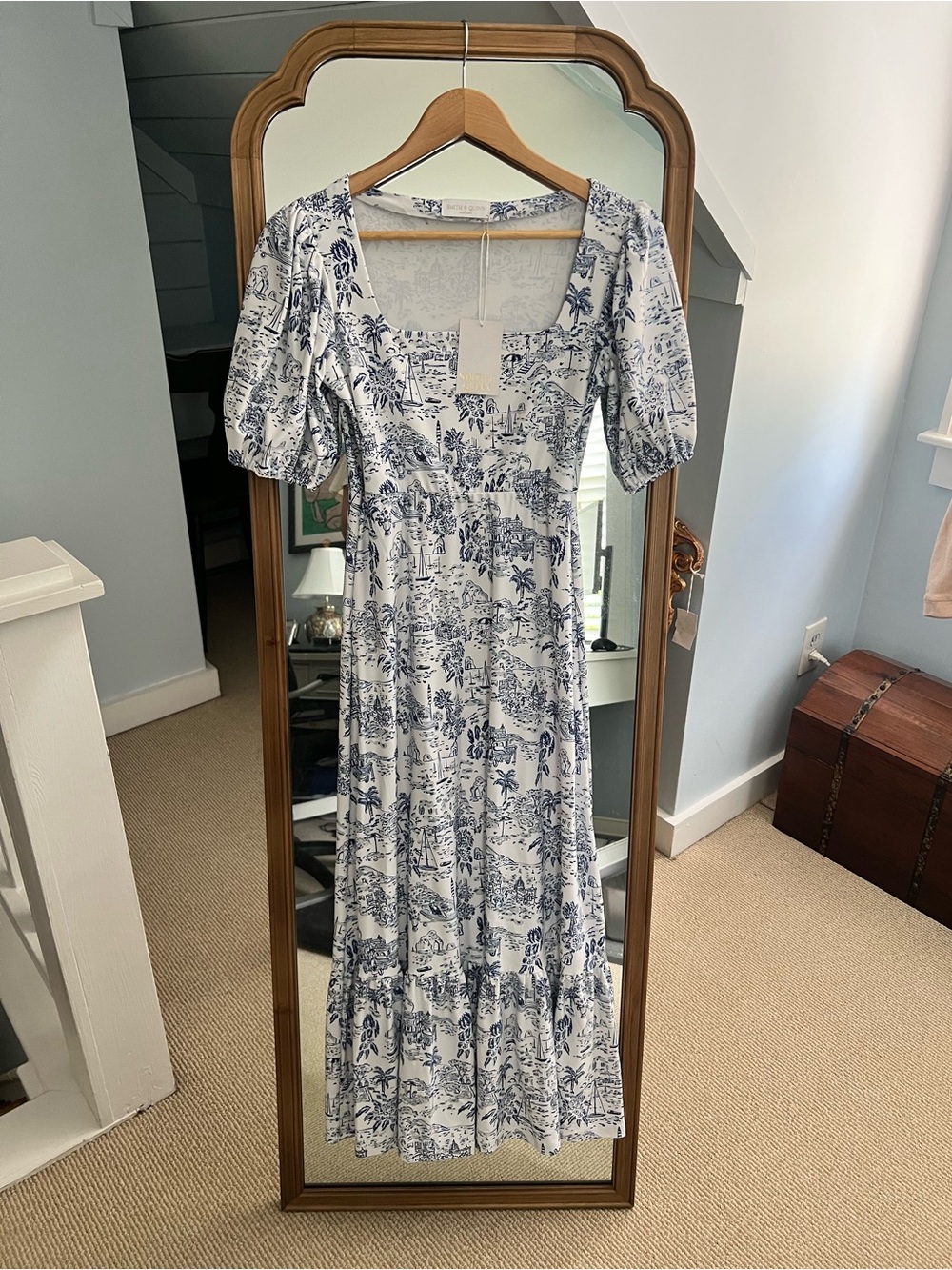 Blue and White Toile Square-Neck Midi Dress by Smith & Quinn NWT